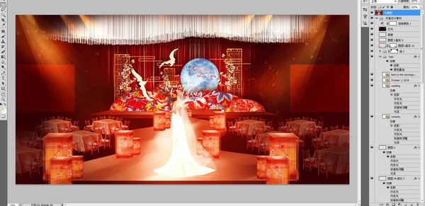 红金色新中式婚礼舞台效果图