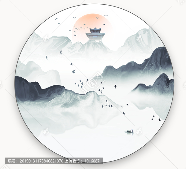 圓形裝飾畫新中式山水畫