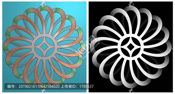 鏤空銅錢菊花正反面精雕圖灰度圖