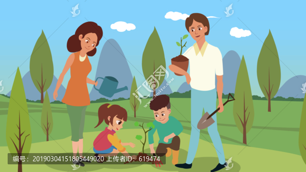 一家四口在植樹扁平矢量插圖