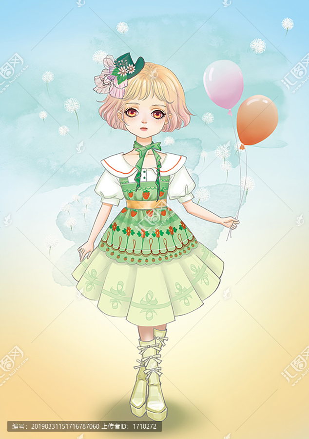 手繪卡通女孩插畫綠色洋裝拿氣球