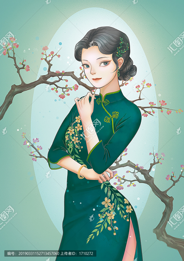 手绘旗袍美人插画红梅开