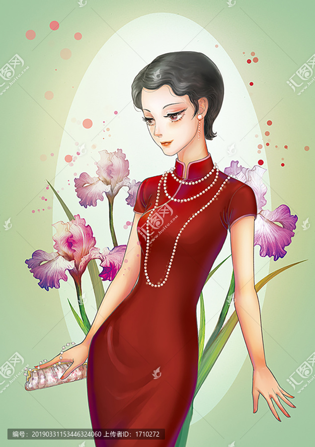 手绘旗袍美人插画鲜花背景