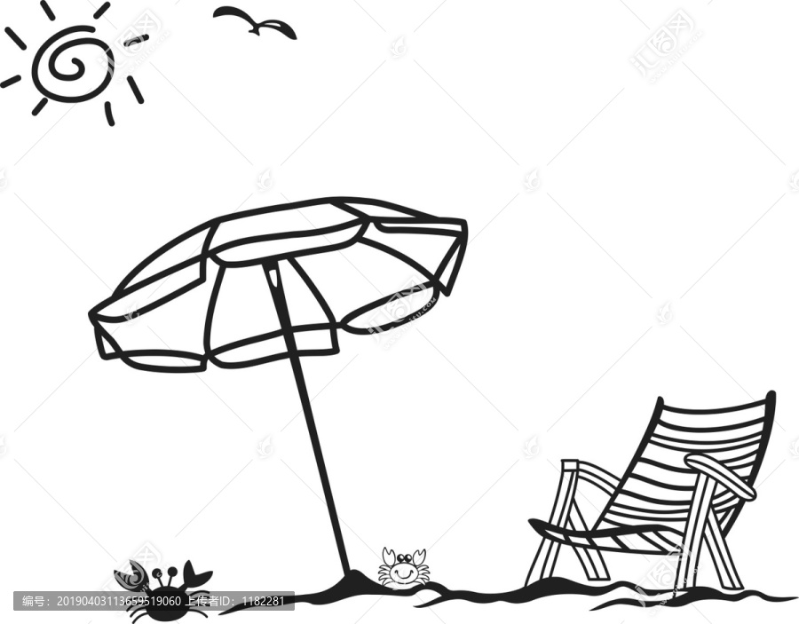 太阳海滩螃蟹海鸥插画矢量图