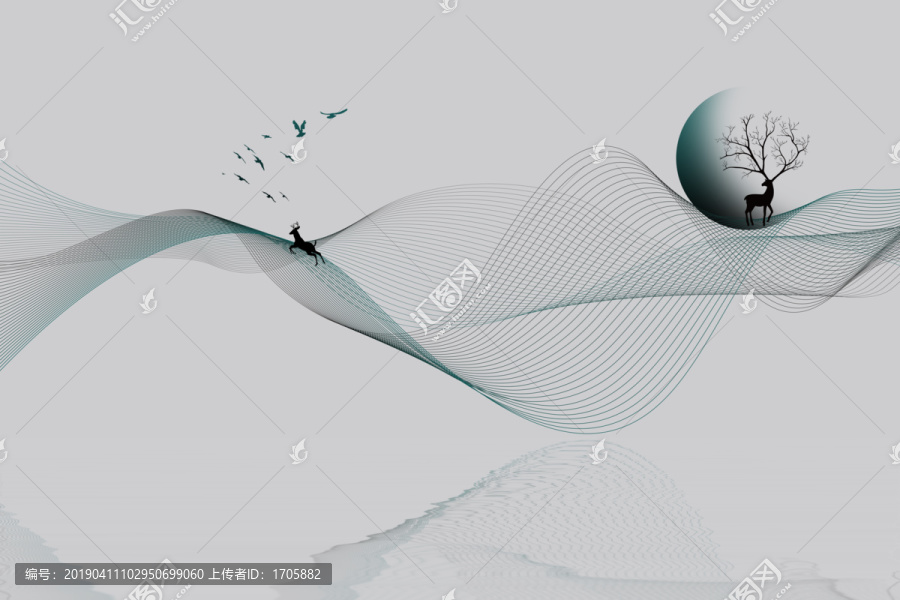 新中式抽象线条山水鹿飞鸟背景墙