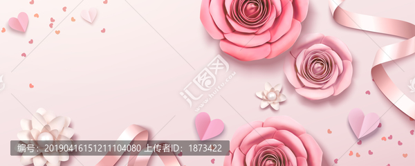 浪漫玫瑰花與緞帶橫幅模板