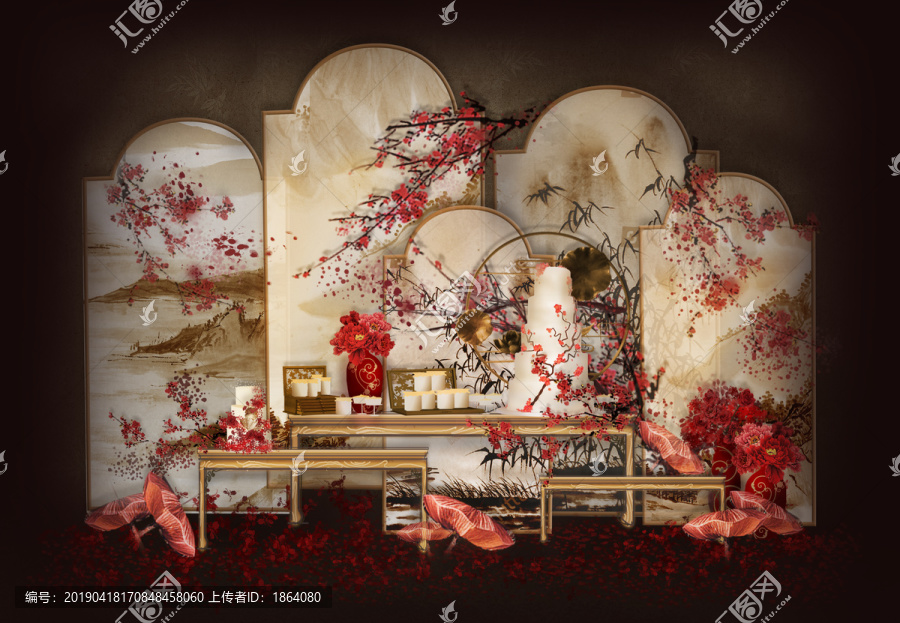 红色中式合影舞台婚礼设计新中式
