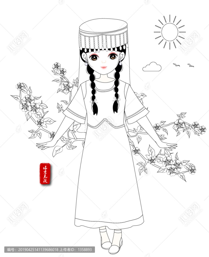 塔吉克族素描矢量圖