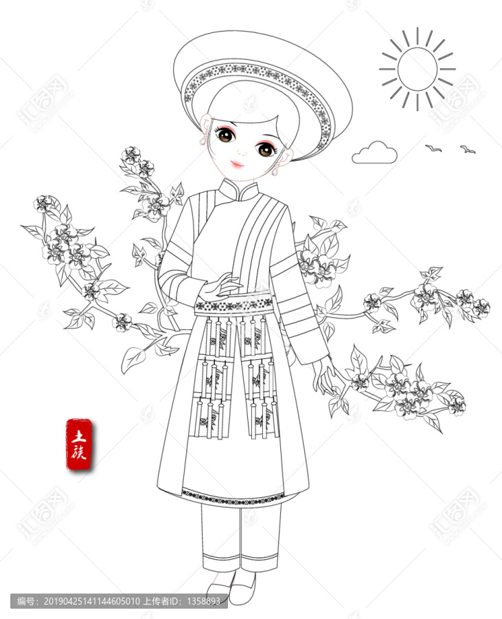 土族素描矢量圖