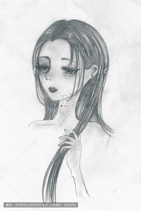 手繪插畫冥想少女