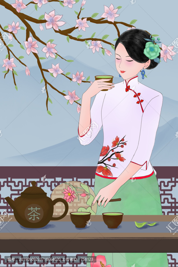 喝茶旗袍美女