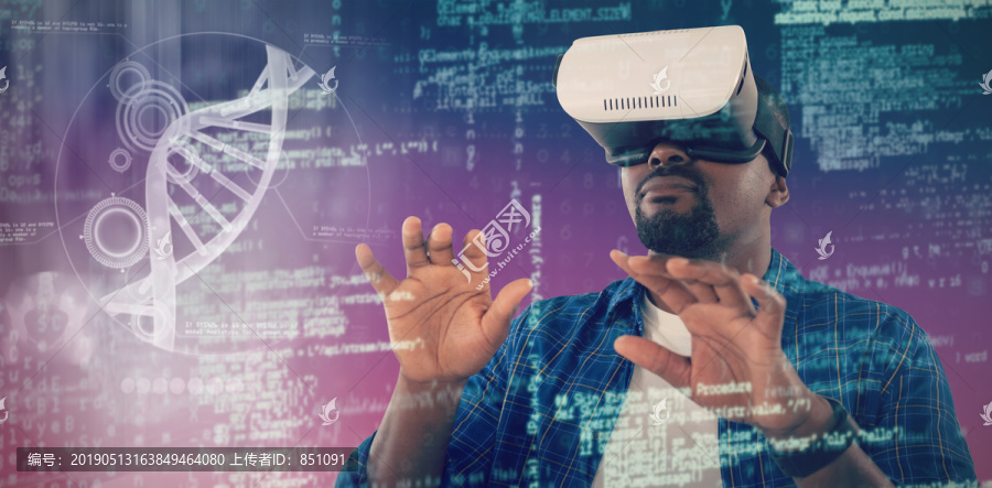 科技光感背景下用VR頭顯的人