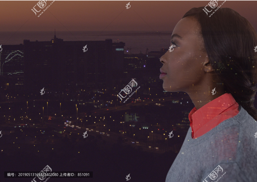 城市夜景和年轻女性的合成图像