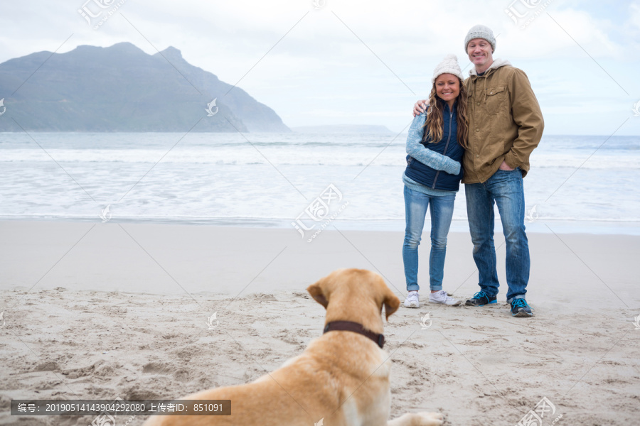 海滩上的一对夫妇和他们的宠物狗