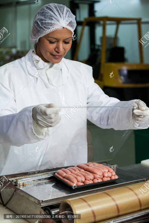 肉厂女肉贩包装生香肠画像
