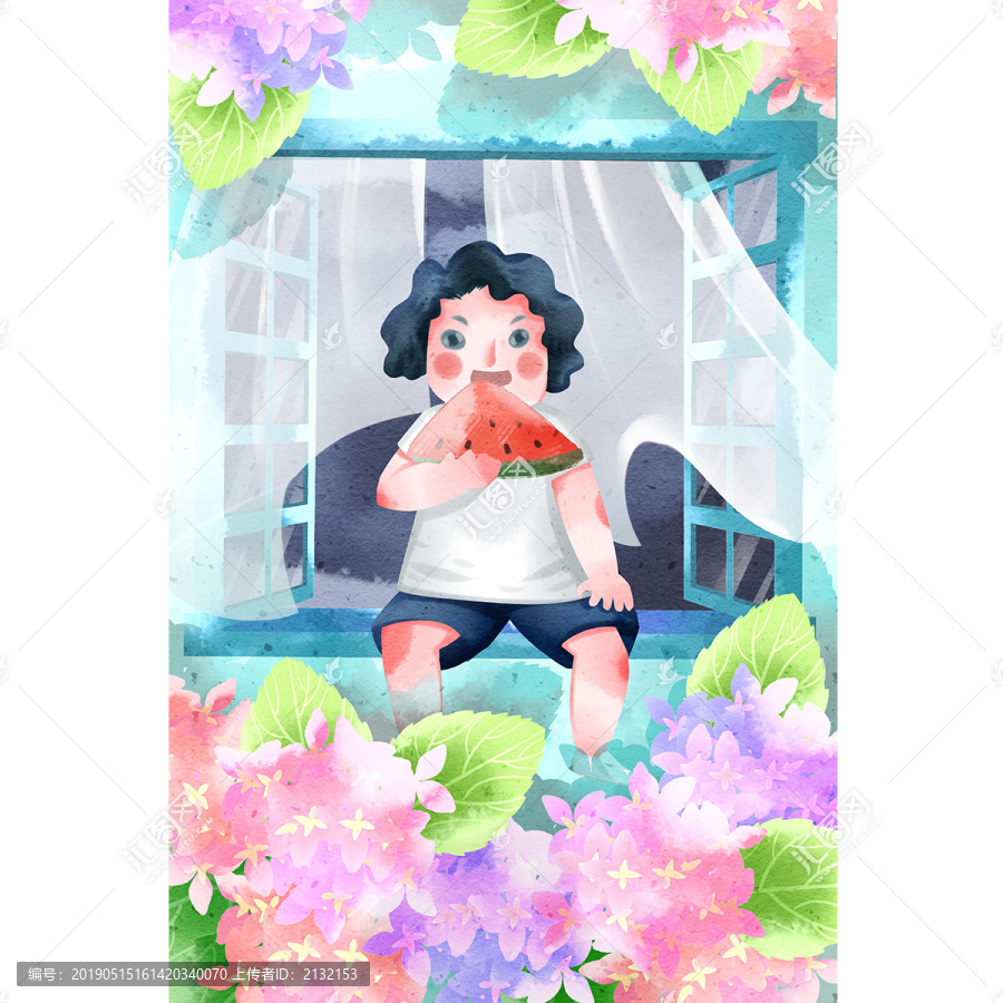 水彩風(fēng)格夏天男孩吃西瓜插畫