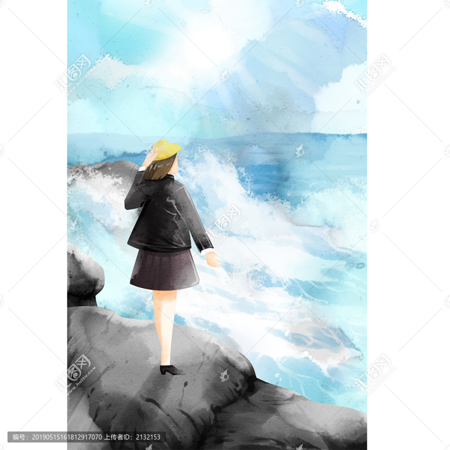 水彩風(fēng)格女孩看大海