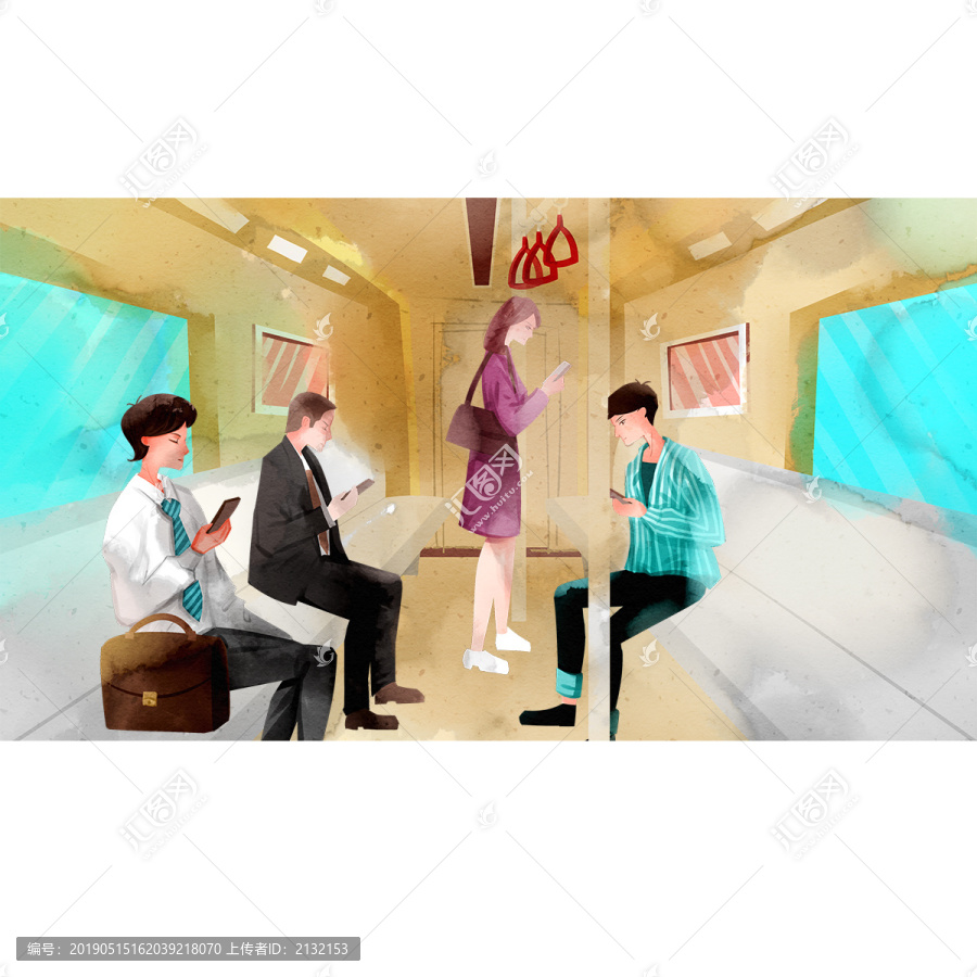水彩風(fēng)格低頭族上班族插畫(huà)