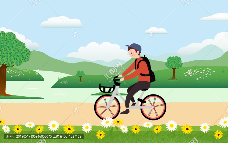 骑车旅游周末一个人旅行踏青插画
