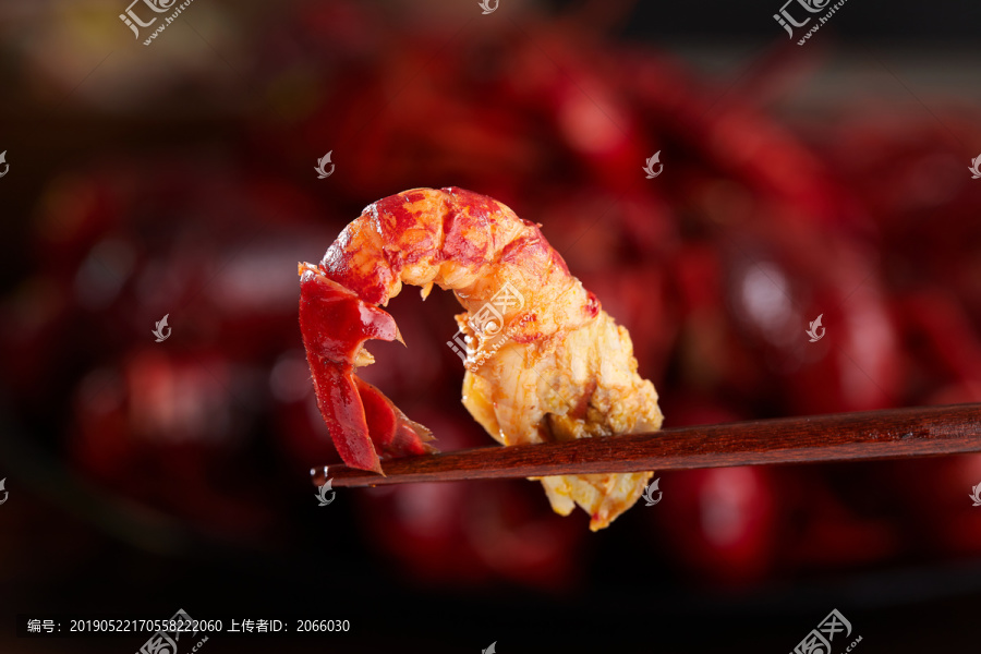 筷子夹着麻辣小龙虾虾肉特写