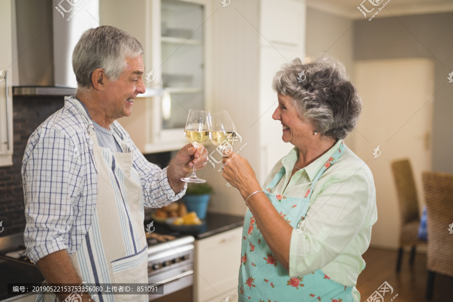 一对老年夫妇站在厨房里举杯祝酒