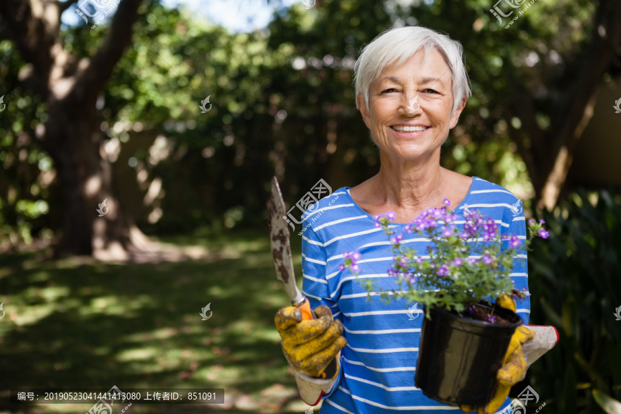 手持盆栽铲子的老妇人画像