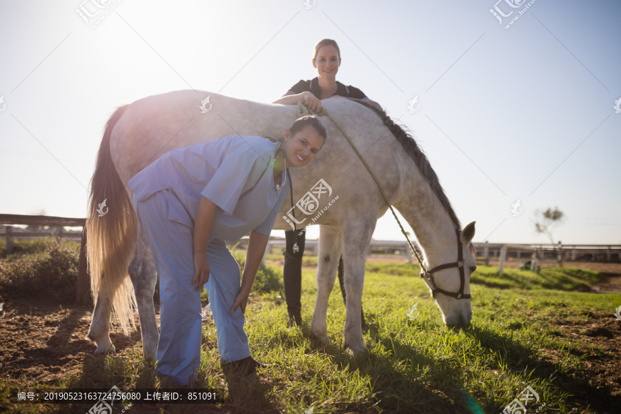 骑师和兽医站在马厩旁的肖像