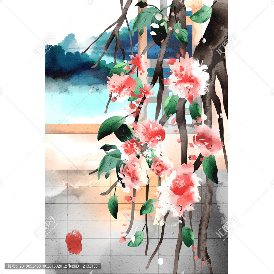 水彩風(fēng)格中國古代風(fēng)景植物插畫