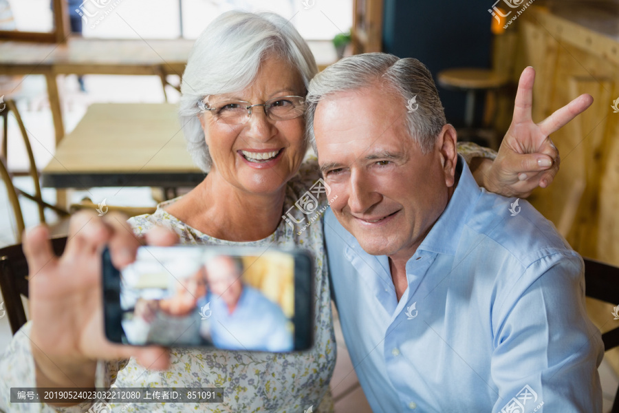 快乐的老年夫妇在手机上自拍