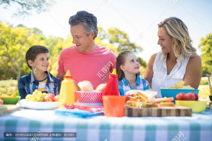 在公园里野餐的一家人
