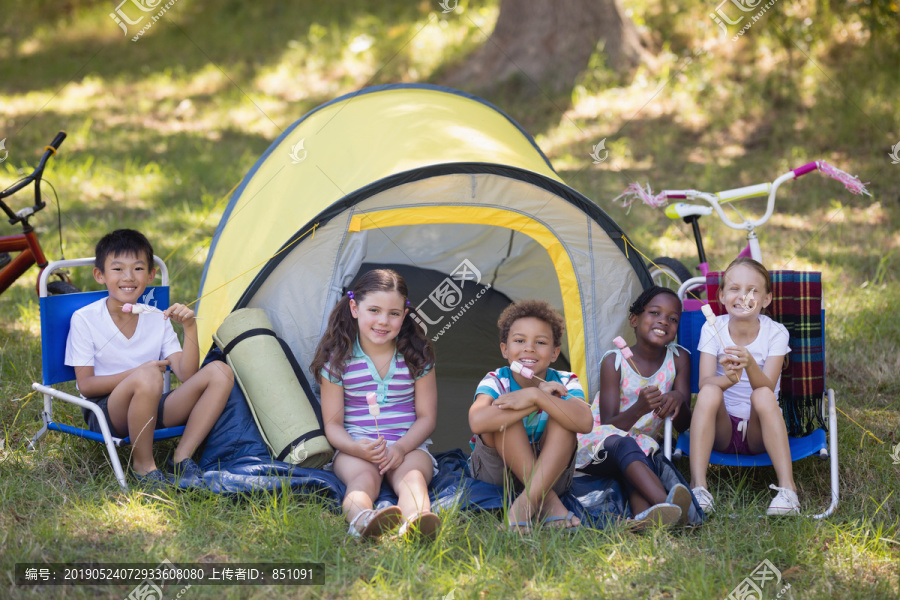 露营地帐篷外快乐儿童的画像