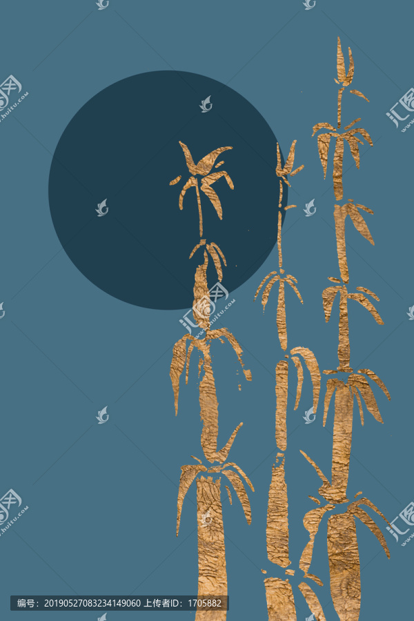新中式抽象金箔竹子月亮壁畫