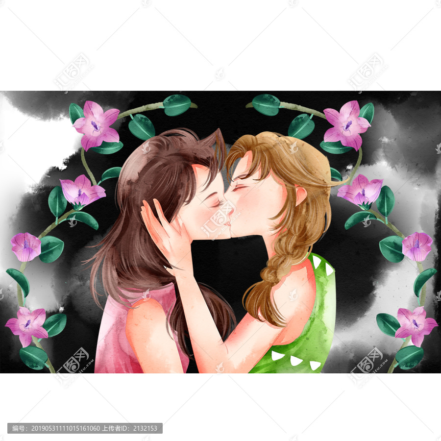 水彩風(fēng)格國際接吻日情侶接吻插畫