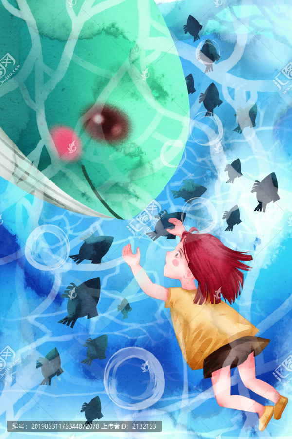 水彩風(fēng)格世界海洋日女孩與鯨魚插