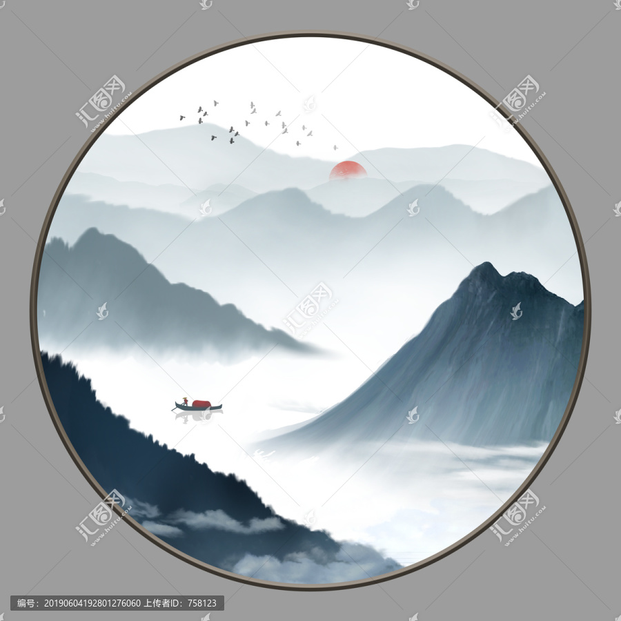 中国风水墨山水壁画