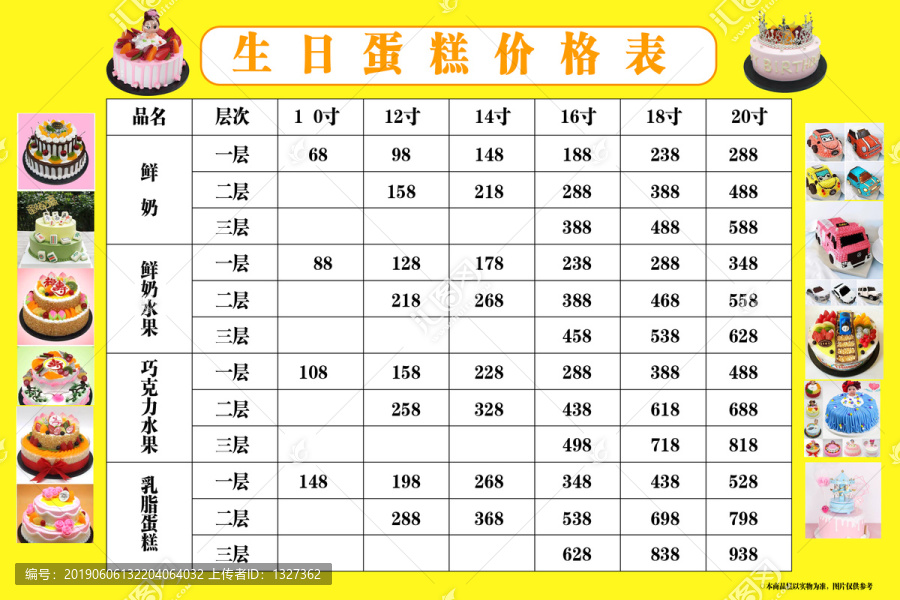 蛋糕价目表