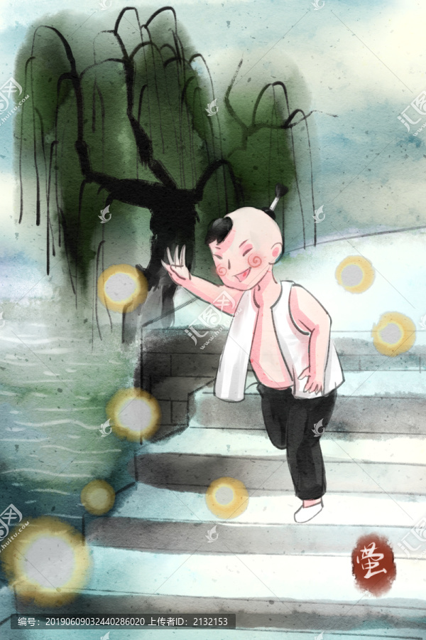 中國水墨風(fēng)格夏天男孩河邊捉螢火