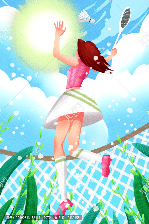 小清新風(fēng)格女孩打羽毛球插畫