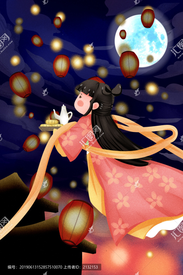 小清新風(fēng)格中秋節(jié)嫦娥與月餅插畫