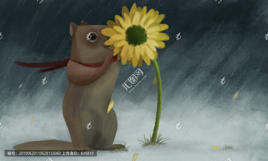 一只小松鼠和花唯美插畫