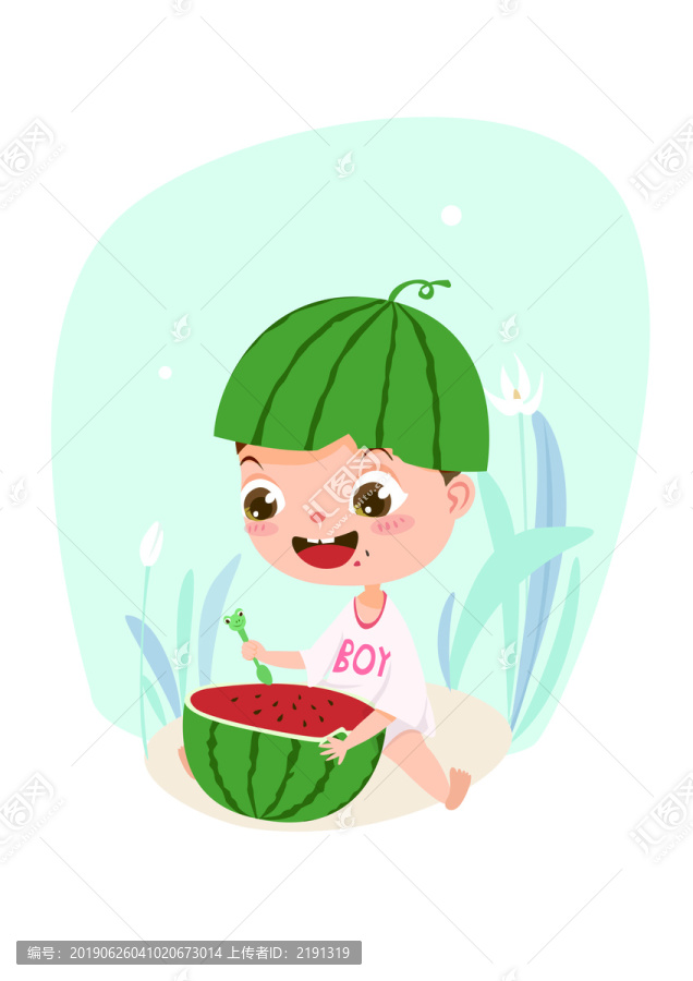 夏季吃西瓜插畫