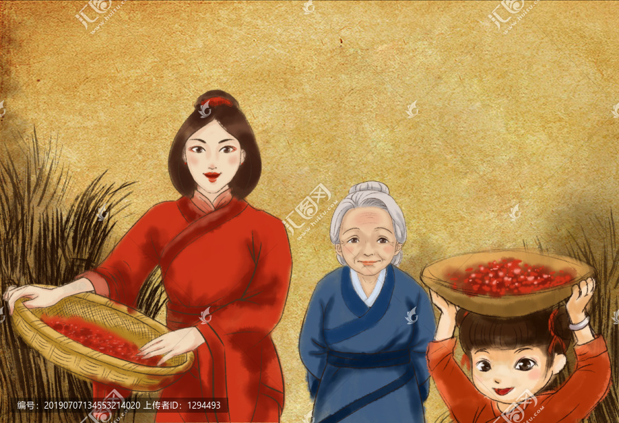 祖孫三代古代務農豐收
