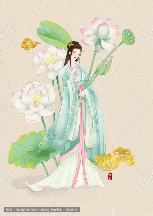 漢服少女摘荷花