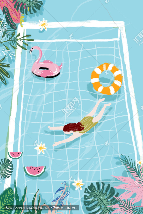 夏日清新手绘泳池插画