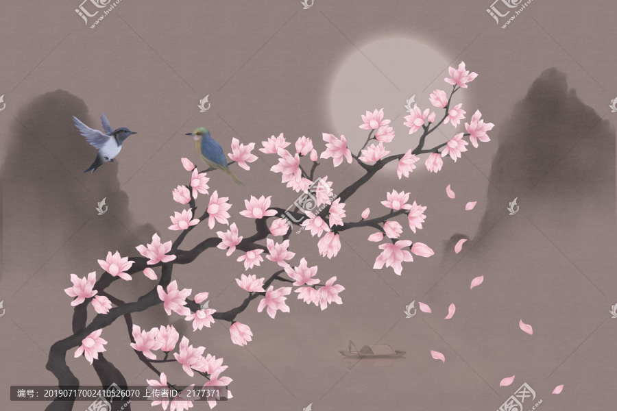 工筆玉蘭花鳥圖裝飾畫