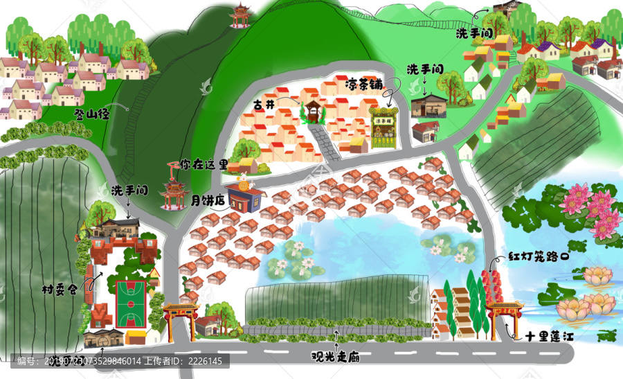 手繪房屋蓮花公路樹木涼亭素材