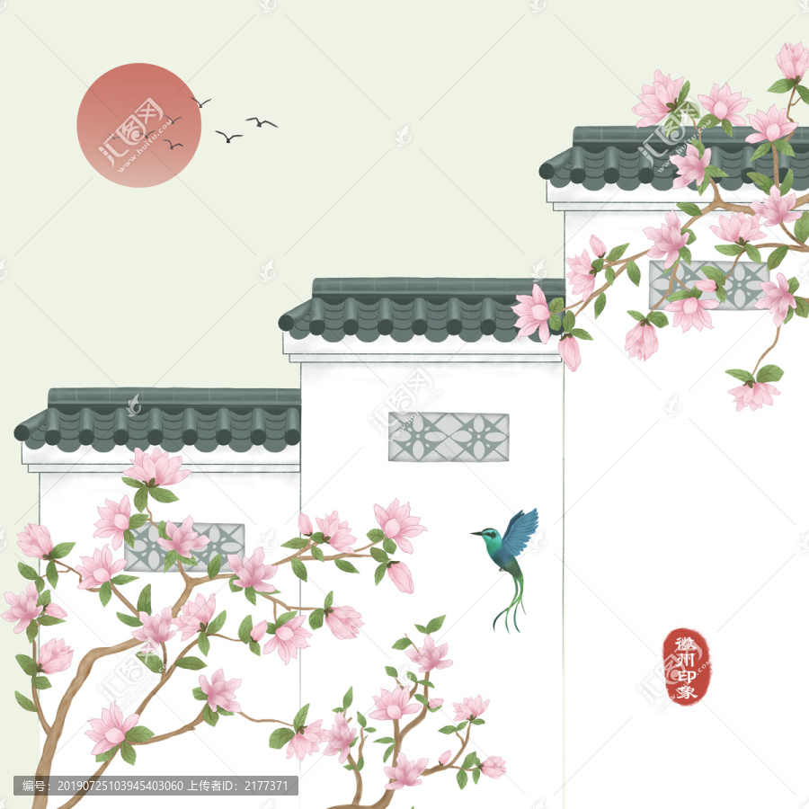 青瓦白墻花鳥徽式建筑