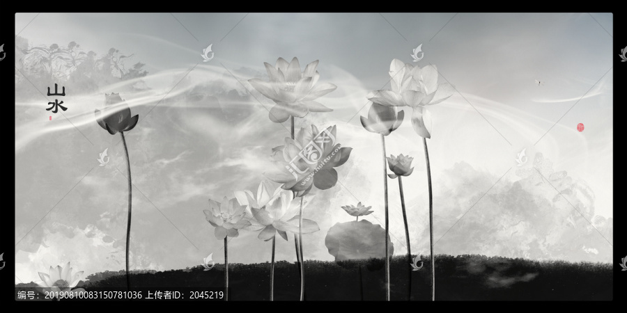 荷花扇面畫
