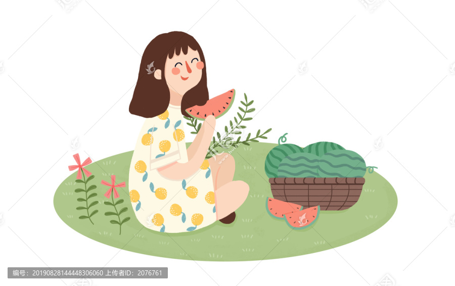 小清新小女孩吃西瓜素材插畫