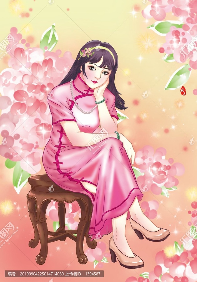 手繪穿粉色綢緞旗袍的少女